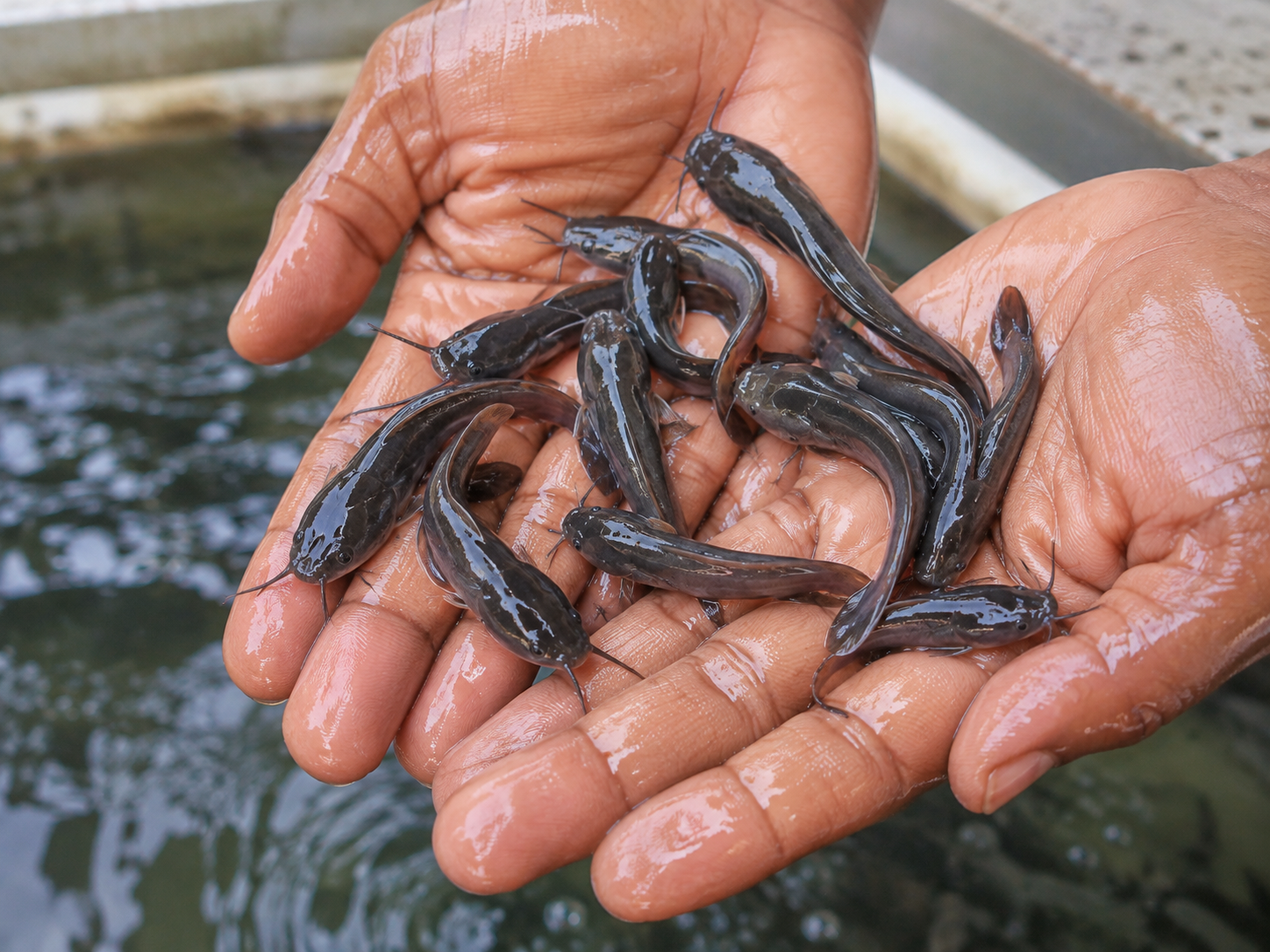 Healthy post-fingerling catfish held in a fish farmer's hands