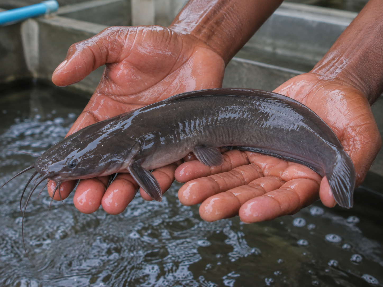 Healthy post-juvenile catfish held above a hatchery tank